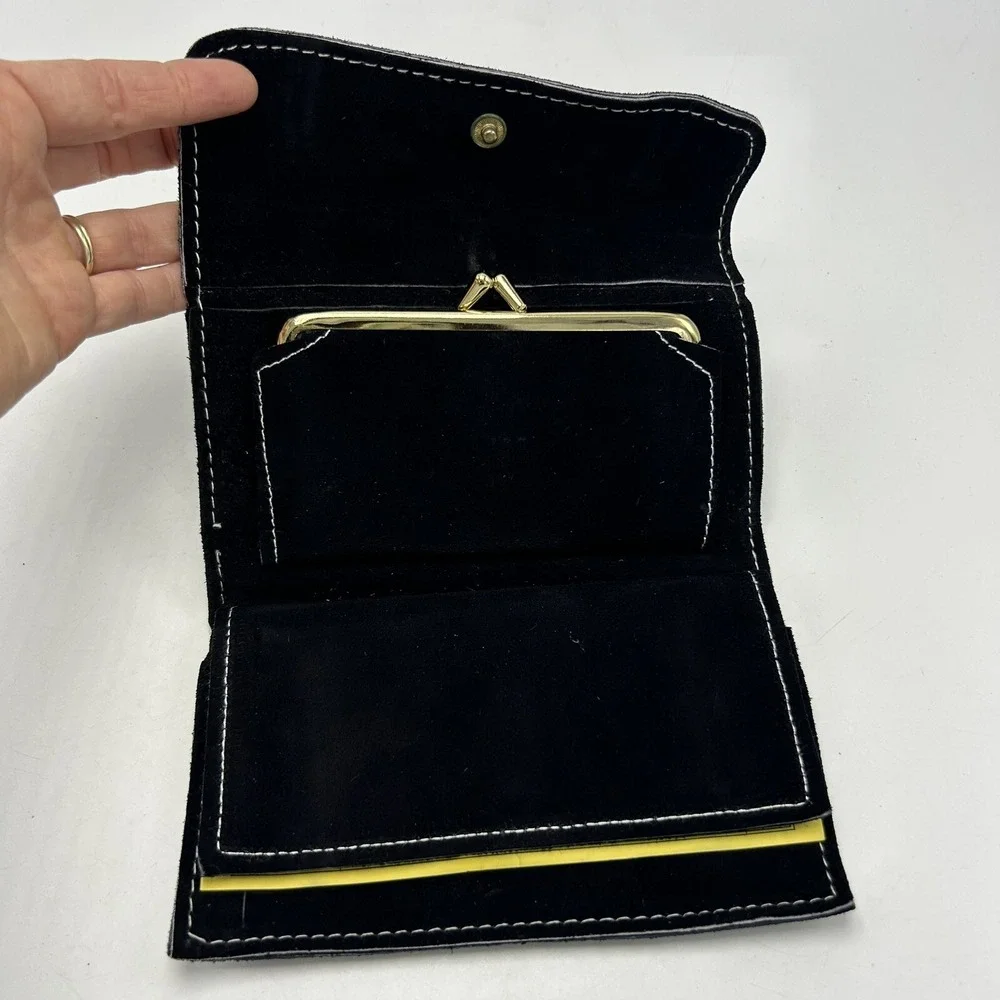 Vintage Suede Leather Womens Wallet Black Checkbook Holder Coin Pocket 7
